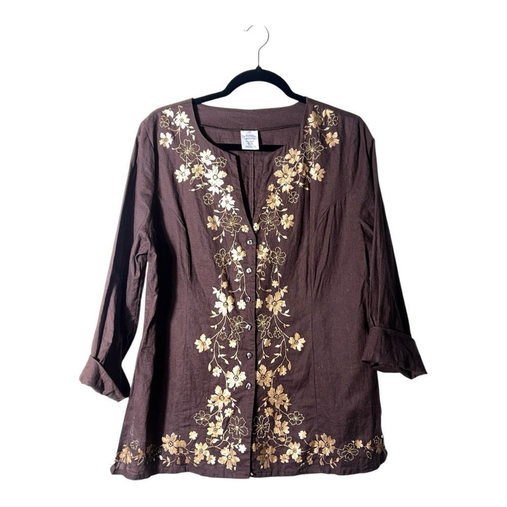 2127.‎ UNBRANDED BROWN IN COLOR EMBROIDERED AND BEADED 3/4 SLEEVE TOP SIZE LARGE